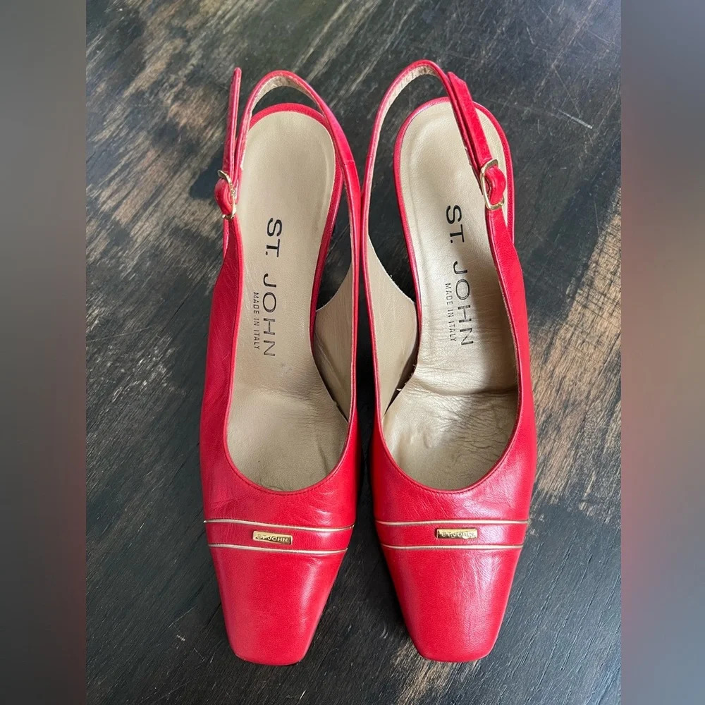 St. John Women’s Cherry Red Classic Retro Leather Slingback Pump Heels 5